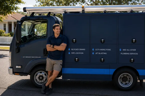 Plumber standing beside a service van in Dural