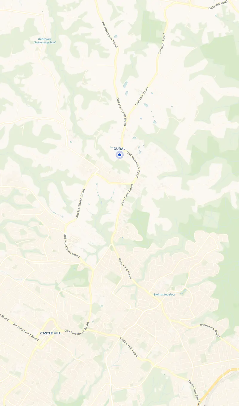 Map of the Dural service area and the surrounding suburbs we cover.