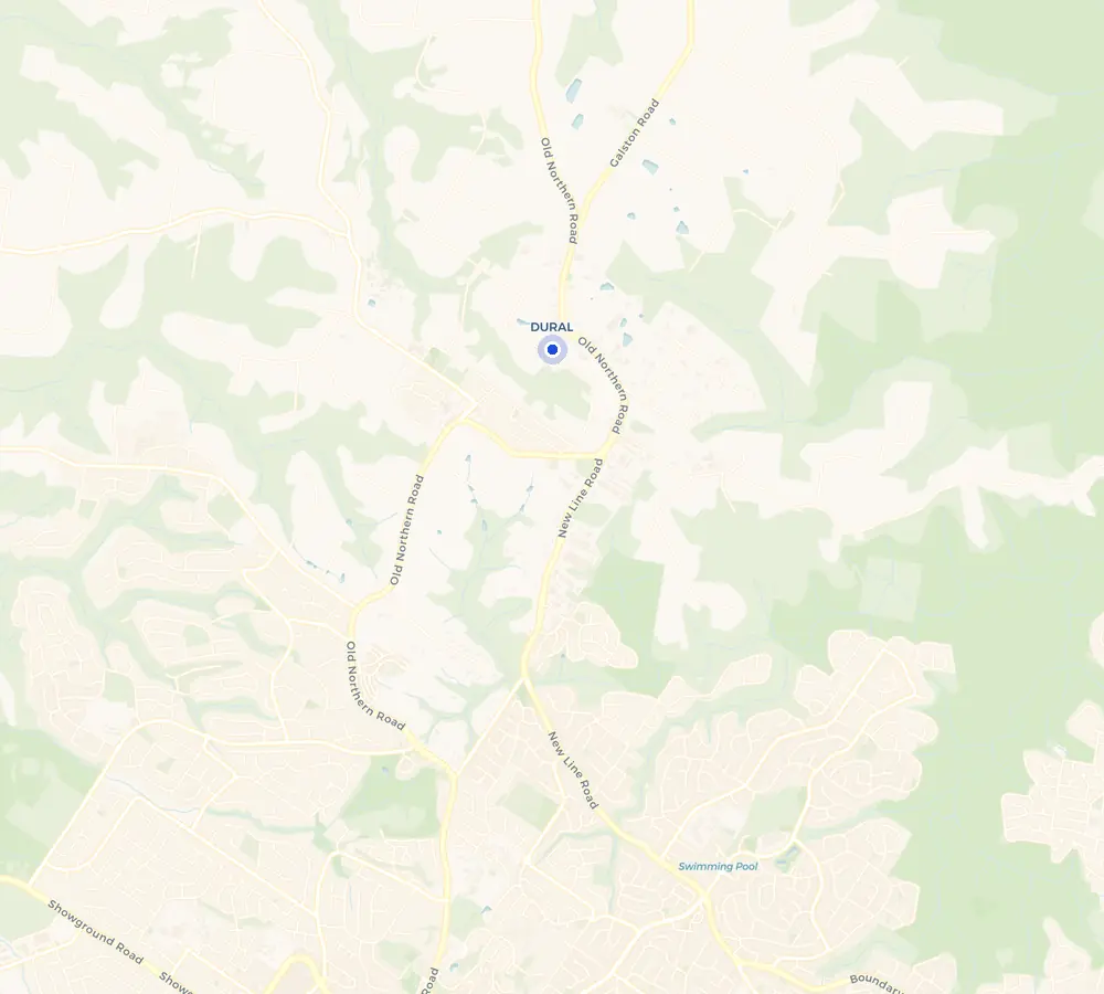 Map of the Dural service area and the surrounding Hills District, showing Dural and the nearby streets we cover.