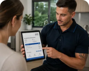 Plumber showing a Dural customer the quote on a tablet