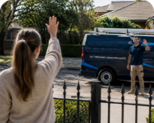 Customer waving goodbye to a Dural Blocked Drains plumber